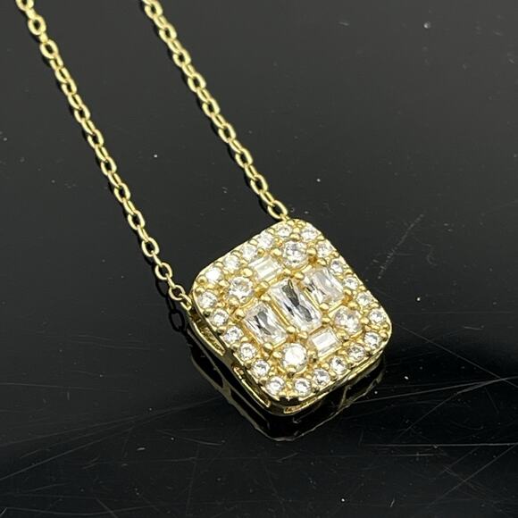 Sterling Silver Gold Vermeil Necklace CZ Sparkle Cluster Rectangle Pendant - Picture 1 of 9